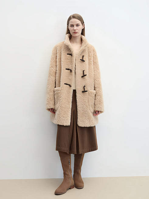 Ragoon-Style Curly Shearling Wool Coat for Women – Mid-Length Faux Shearling Jacket with Toggle Closure and Stand Collar