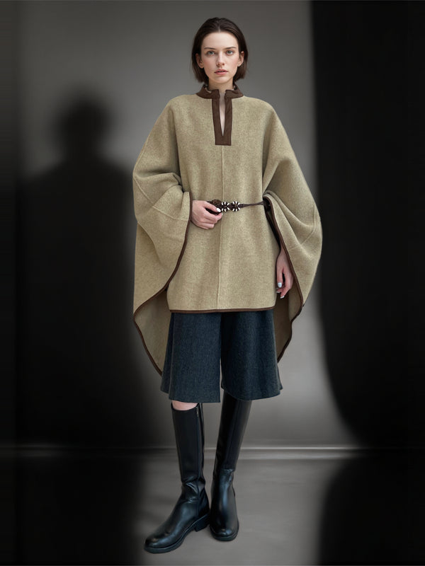 Women’s Minimalist Shearling Patchwork Cape Coat | Premium Merino Wool & Suede Blend Outerwear