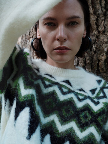 Nomadic Pattern Alpaca Wool & Merino Wool Blend Embroidered Sweater – Misty Fog Effect