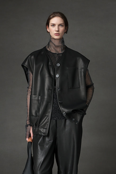 Women’s Sheepskin Leather Vest – Oversized Pocket Design Sleeveless Jacket, Versatile Chic Outerwear