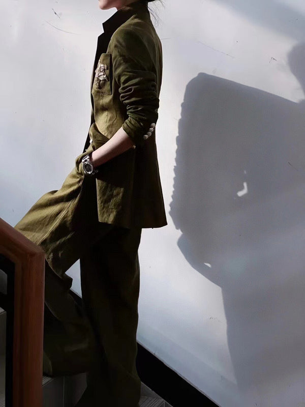 Linen Retro Loose Suit+Wide-leg Pants Commuter Two-piece Set