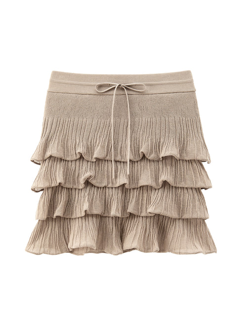 Refreshing Linen & Cotton Blend Ruffled Cake Mini Knit Skirt - Four-Layered Youthful A-Line Skirt