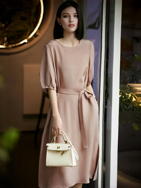 Heavy Crepe Silk Dress – 30 Momme Mulberry Silk, Tie Waist & Elegant Short Sleeves