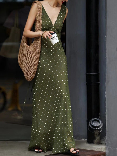 Mulberry Silk V-Neck Vest-Style Polka Dot Print Dress - French Elegant Long Dress