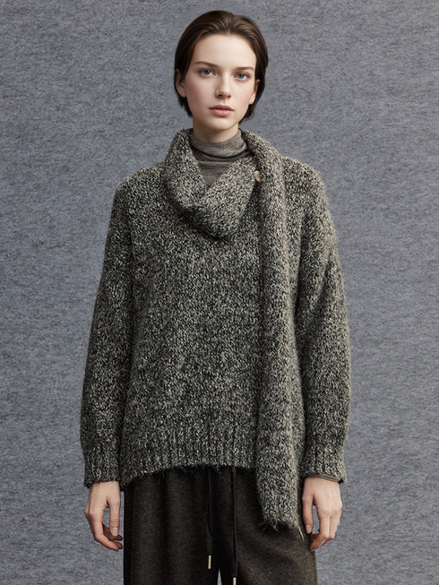 Textured Mélange Knit Sweater with Detachable Scarf | Relaxed H-Silhouette Drop-Shoulder V-Neck Pullover for Women
