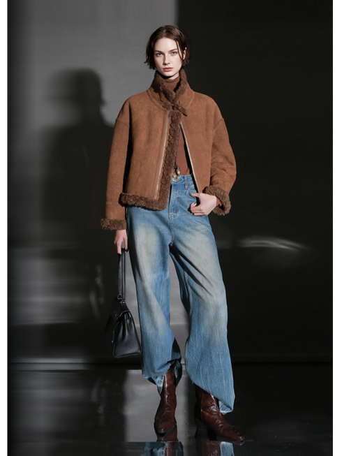 Vintage Suede Faux Shearling Jacket for Women – Short Stand Collar Plush Coat with Strap Detail, Thick Warm Winter Outerwear
