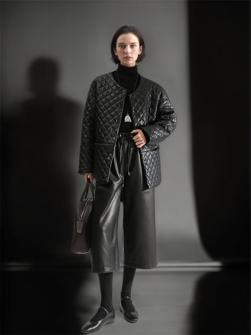 Women’s Genuine Sheepskin Culottes | Cropped Wide-Leg Leather Pants with Elastic Waist, Casual Office Style