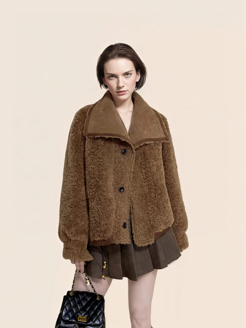 Reversible Suede-Finish Coat for Women – Faux Shearling Lined Winter Short Jacket with Lapel Collar