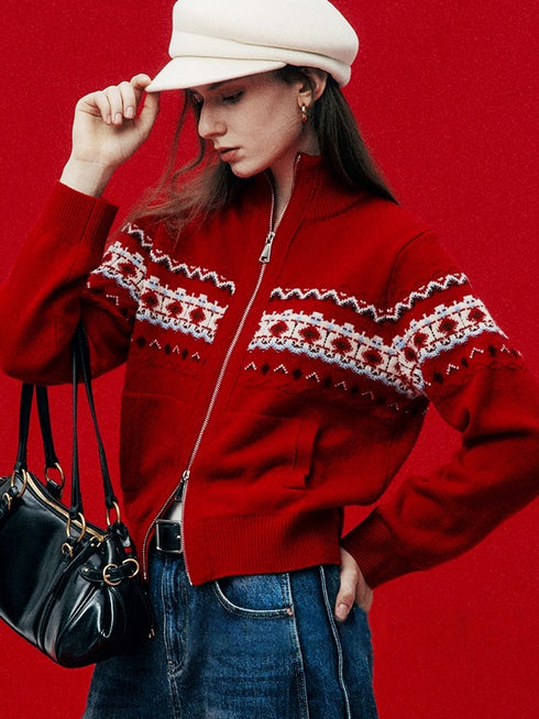 Christmas Love Letter | Premium Wool Artistic Speckled Yarn Fair Isle Luxury Craft Stand Collar Cardigan – Holiday Knitwear