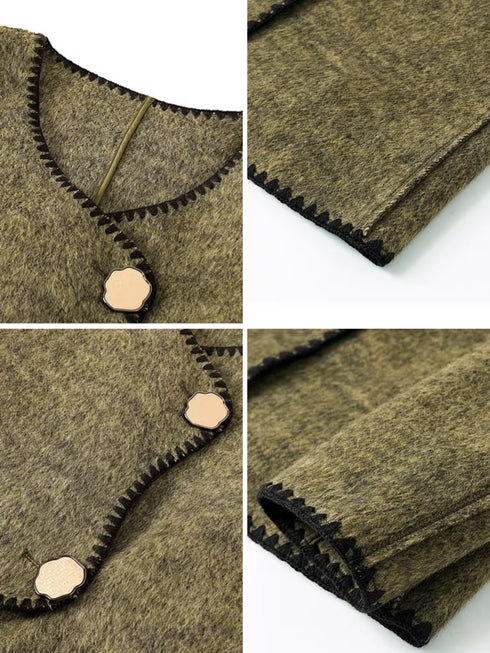 Women's Designer Green Wool Coat with Reversible Scarf – Double-Faced Wool Winter Overcoat