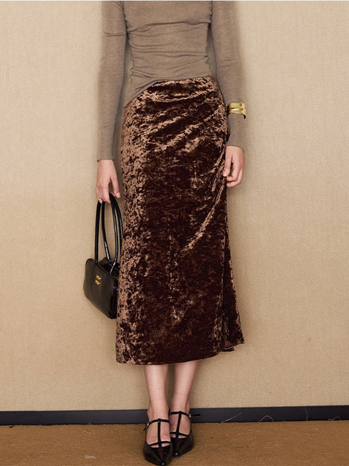 Glimmering Waves Vintage Gold-Flecked Fish Tail Skirt | Stretch Velvet Midi Skirt