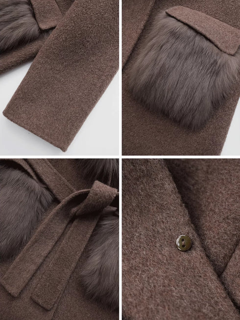 Women’s Long Double-Faced Wool Coat with Fox Fur Collar | 2025 Winter Wool Overcoat