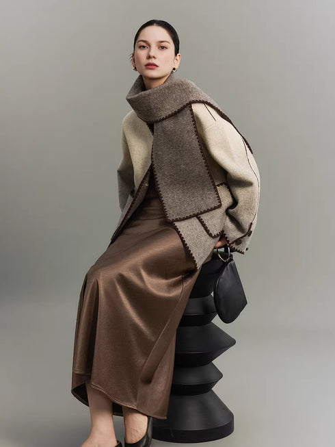 Women's Minimal Luxury Gradient Wool Double-Faced Coat with Detachable Color-Block Scarf – Mid-Length Winter Overcoat