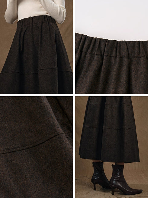 Hepburn-Style Heavy Wool Structured A-Line Midi Skirt for Women with Elastic Waist