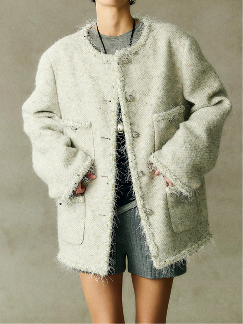 Women's Designer Wool Tweed Jacket with Fringe – Chic Spring Outerwear