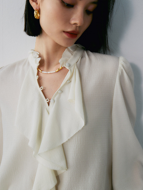 Women's Limited-Edition Heavyweight Crinkled Waffle Silk Ruffle Blouse – Elegant Fall Statement Shirt