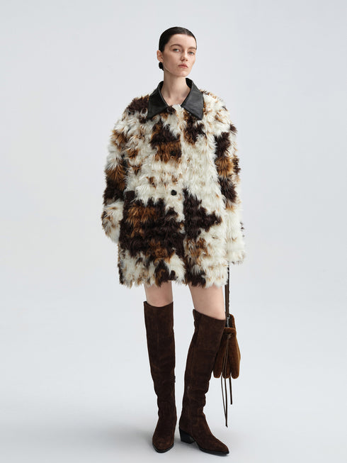 Cow-Pattern Faux Fur Coat for Women – Winter Colorblock Eco-Friendly Fur Jacket with Contrast Collar
