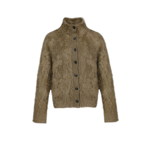 Premium Brushed Cashmere 100% Stand-Collar Button Cardigan for Women