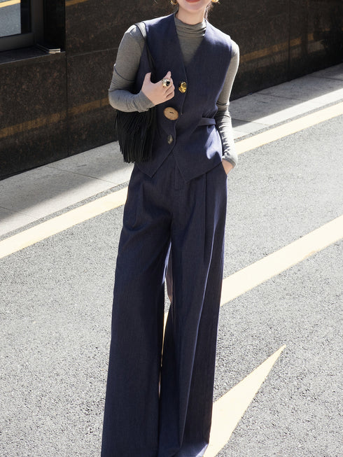 Old Money Style Women's Set – Autumn Navy Blue Slim Tie-Waist Vest & Wide-Leg Pants Two-Piece
