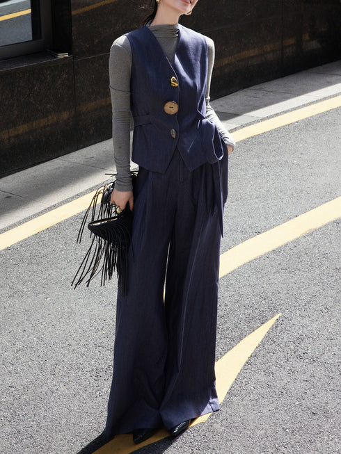 Old Money Style Women's Set – Autumn Navy Blue Slim Tie-Waist Vest & Wide-Leg Pants Two-Piece
