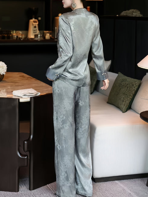 Sophisticated Autumn Professional Set – Chinese-Inspired Viscose Jacquard Tie-Waist Suit