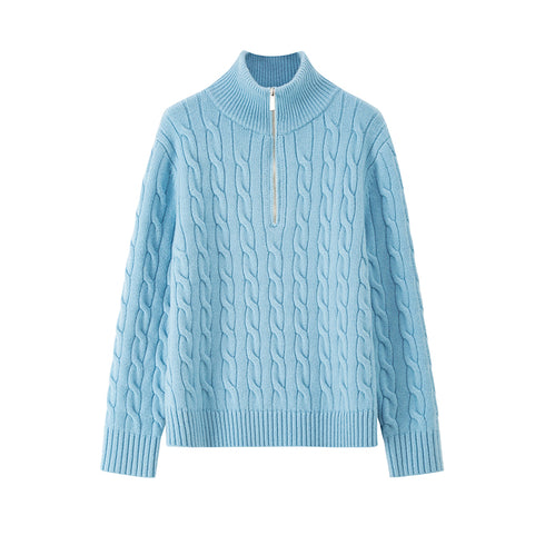 Relaxed Fit Zipper Cable Knit Wool Sweater for Women - Autumn/Winter Casual Sporty Loose Polo Shirt