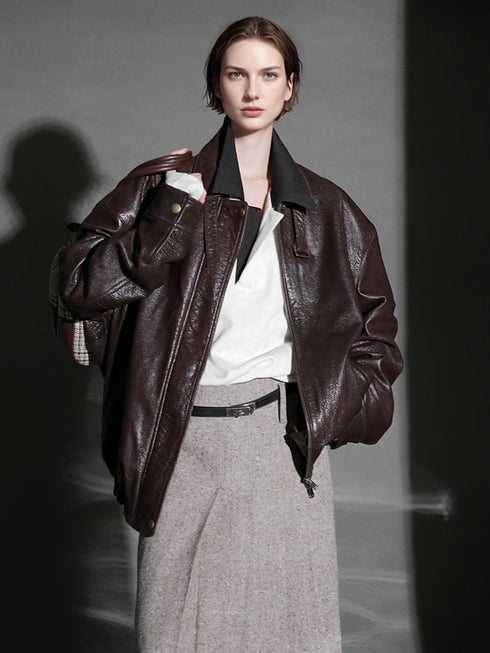 Luxury Collection Vegetable-Tanned Sheepskin Leather Jacket for Women – Stylish Webbing Trim Moto Outerwear