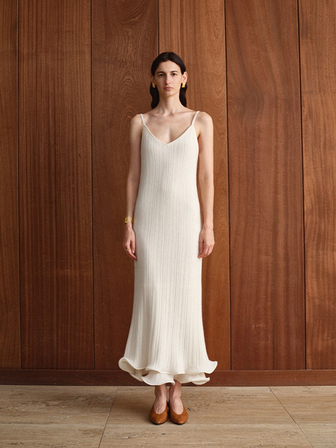 Elegant Merino Wool Maxi Dress – Soft Wavy Knit Spaghetti Strap Long Dress for Women