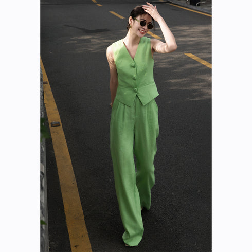 Women’s Linen Two-Piece Set – Rose Button Vest Top & Wide-Leg Pants, Casual Old Money Style