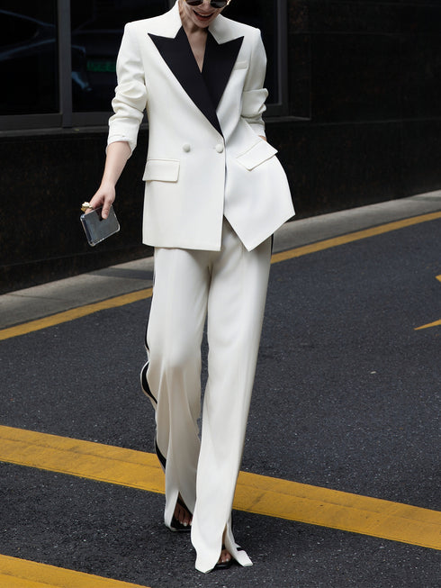 Business Professional Women's Suit Set | High-End Black and White Color Block Blazer & Wide-Leg Trousers - Elegant Formal Two-Piece Outfit