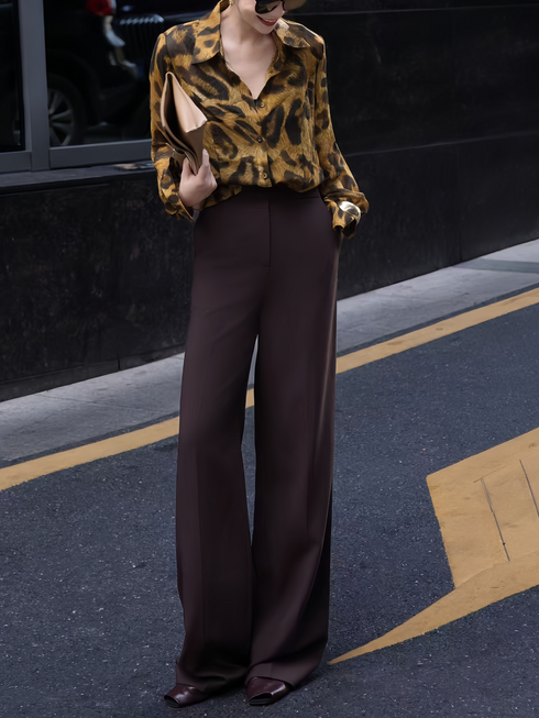 French Vintage Leopard Print Polo Shirt for Women – Elegant Loose-Fit Long Sleeve Top, Versatile & Timeless Style