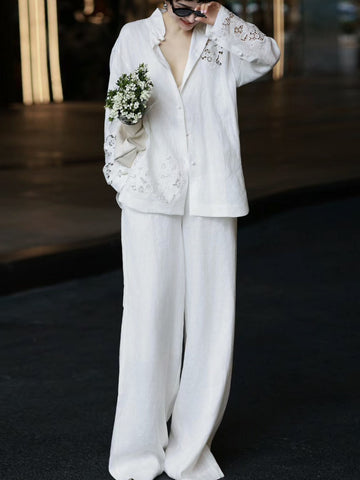 Premium Autumn Linen Set – Artisanal Hollow-Out Blouse & Wide-Leg Pants