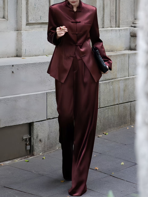 Elegant Acetate Blazer & Wide-Leg Pants Set – Autumn Two-Piece