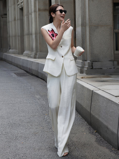 Women’s Embroidered Two-Piece Set – Sleeveless Top & Wide-Leg Pants, Elegant Old Money Style