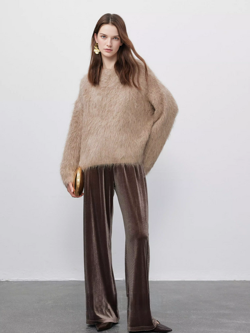 Alpaca-Blend Brushed Knit Sweater for Women | Soft Fuzzy Relaxed-Fit Pullover