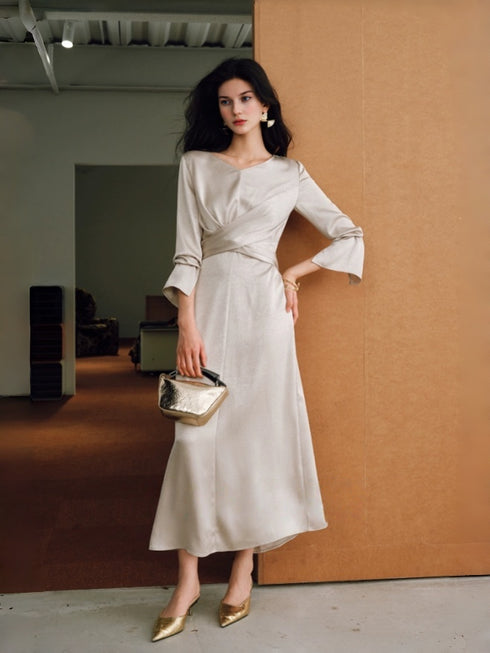 Luxury Shiny Bubble Satin Ruched Wrap Dress for Women – Hand-Pleated Tie-Waist Slim Fit Elegant Outfit