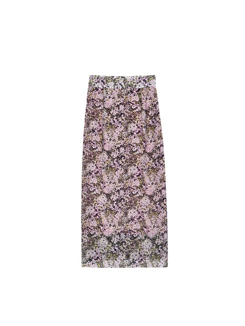Sheer Acetate Floral Pencil Skirt – Pink High-Waist Midi with Back Slit, Fall Collection