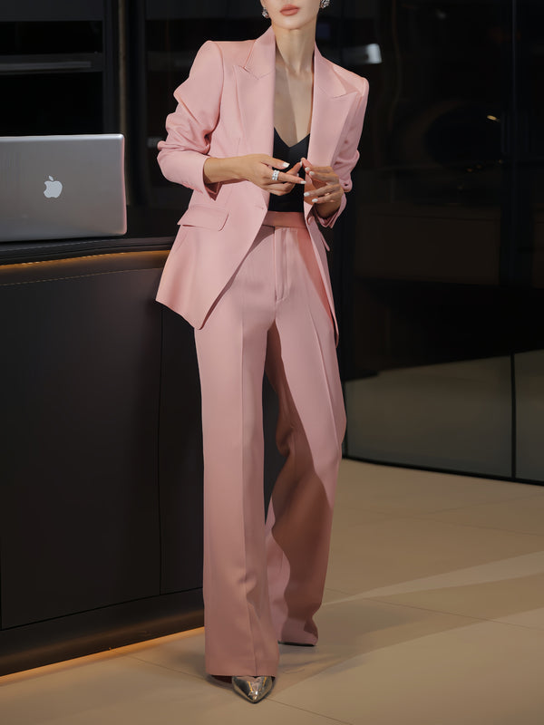 Chic and Youthful Pink Tailored Blazer & Slim-Fit Trousers Set | Elegant One-Button Suit for Professional and Stylish Look