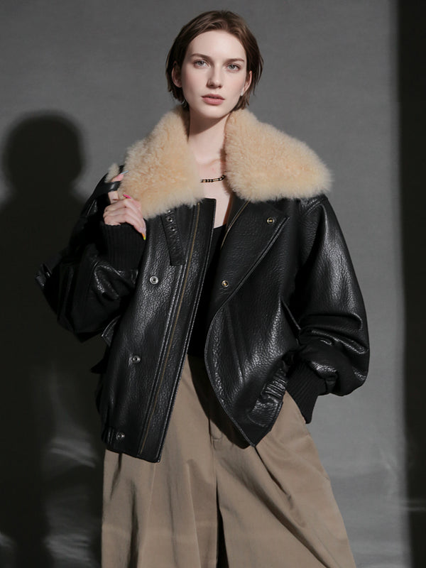 Trendy Shearling Collar Leather Jacket for Women – Short Moto Style PU Coat for Fall Winter
