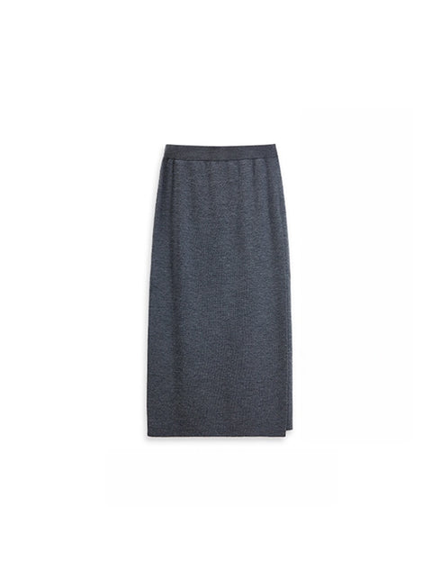 German Wool Yarn Ribbed Knit Pencil Skirt – Elegant Split Hem Wool Midi Skirt for Work