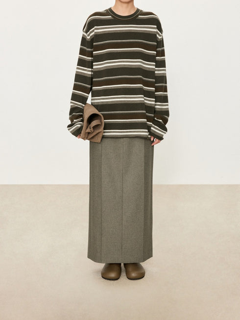 Wide Stripe Wool Knit Sweater for Women – Soft and Cozy Round Neck Pullover for Autumn/Winter