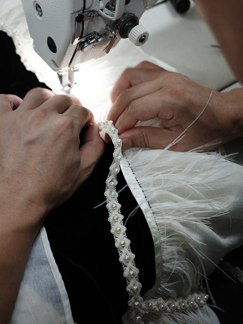 Silk Velvet & Ostrich Feather Hand-Embroidered Custom Dress