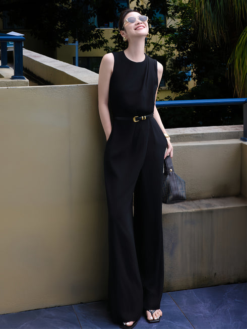 Women’s Black Sleeveless Jumpsuit – Elegant Wide-Leg One-Piece, Minimalist Commuter Style