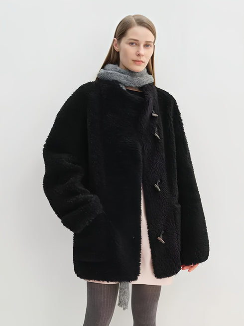Stand-Collar Textured 100% Wool Shearling Coat for Women — Mid-Length Faux Sheepskin Outerwear
