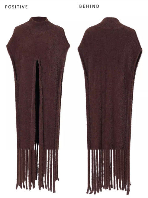 Women's Half-Turtleneck Knit Poncho with Asymmetric Hem and Fringe – Cozy Open-Front Sweater Cape