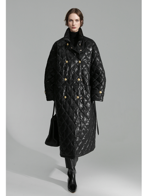 Quilted Lambskin Down Coat for Women – Elegant Mid-Length Slim Fit Jacket with Waist Design, White Duck Down Winter Outerwear