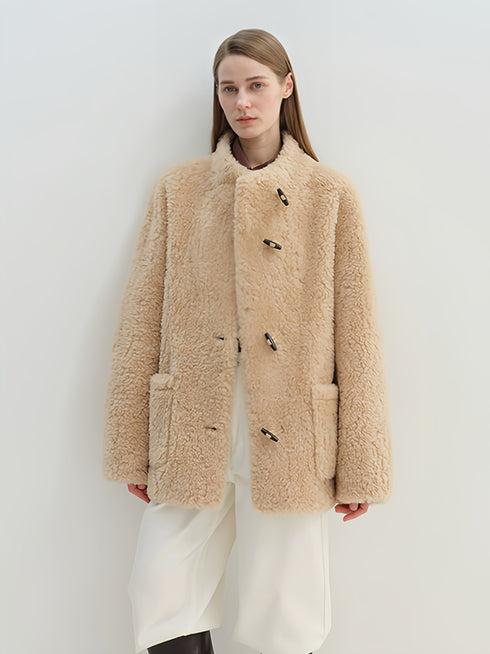 Stand-Collar Textured 100% Wool Shearling Coat for Women — Mid-Length Faux Sheepskin Outerwear
