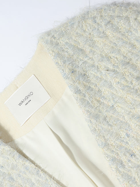 Luxury Wool Jacquard Tweed Set – Long-Hair Color-Yarn Bouclé Short Boxy Jacket & Halter Dress