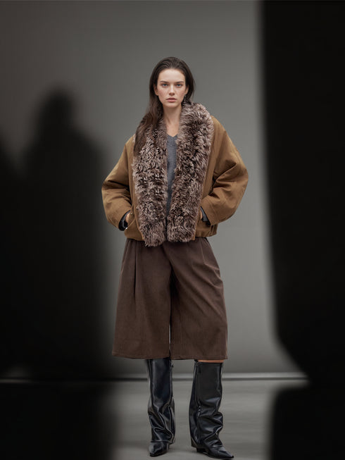 Women’s Short Down Parka with Shearling and Fur Collar | 90% White Goose Down Winter Coat