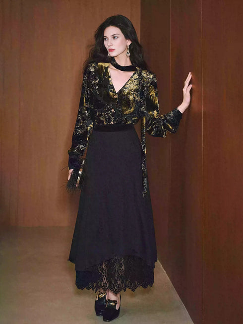 Party Gilded Velvet Burnout Blouse – High-Density Foil Velvet, Deep V-Neck Tie Detail, Relaxed Fit Shirt